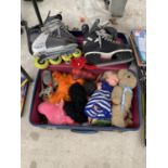 A COLLECTION OF CHILDRENS TOYS, ROLLER SKATES AND ICE SKATES ETC