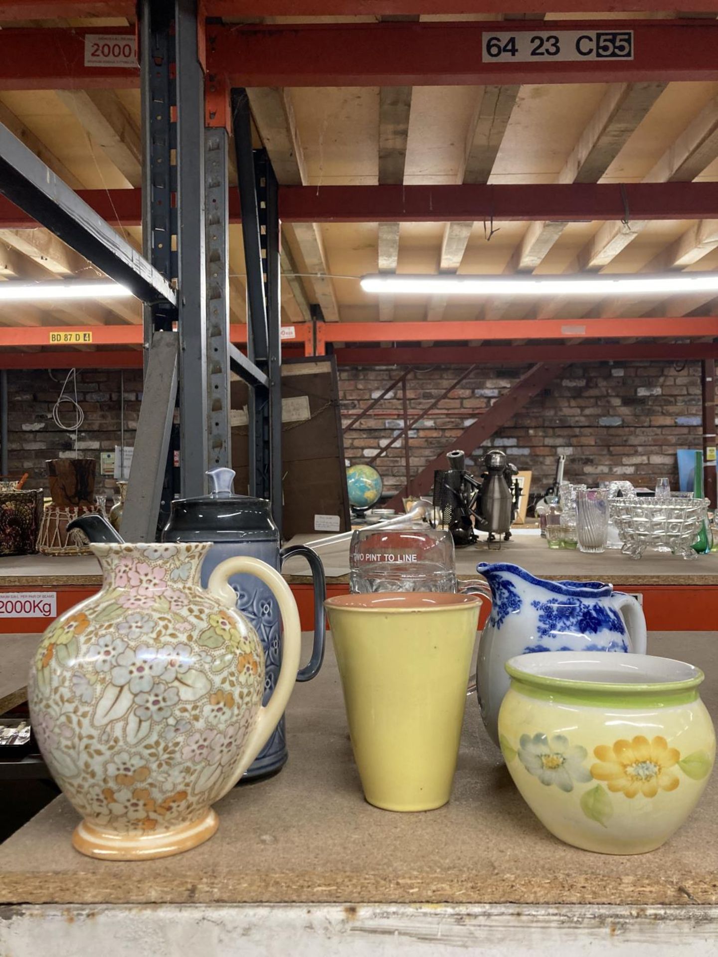 A SYLVAC POTTERY COFFEE POT, TUSCAN JUG, ROYAL DOULTON BLUE AND WHITE JUG 'MADRAS', ETC