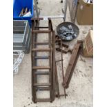 TWO METAL CAR RAMPS, GATE HINGES AND WIRE TIGHTENERS ETC