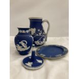 FOUR PIECES OF JASPERWARE TO INCLUDE ADAMS AND WEDGWOOD