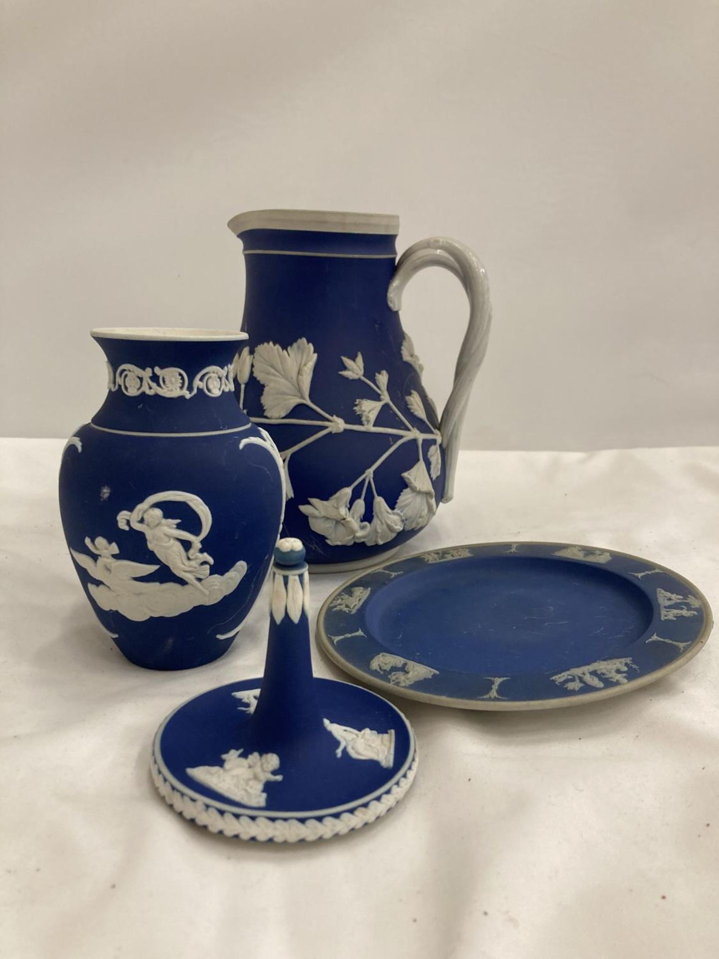 FOUR PIECES OF JASPERWARE TO INCLUDE ADAMS AND WEDGWOOD