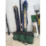 AN ASSORTMENT OF FISHING TACKLE TO INCLUDE RODS, ROD BAGS AND A BROLLY ETC