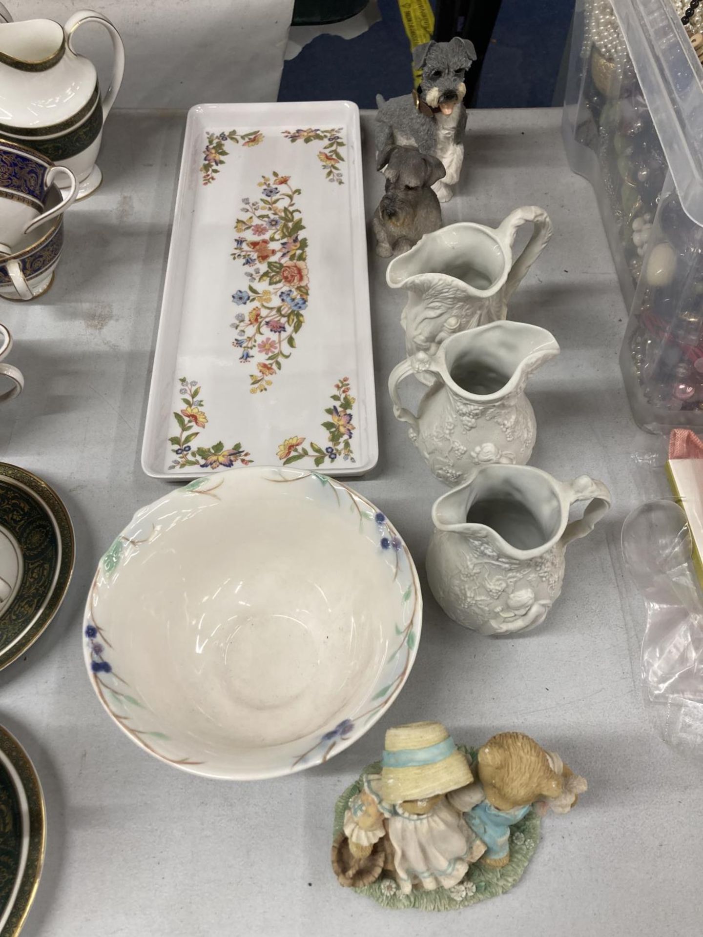 THREE PORTMERION PARION JUGS WITH EMBOSSED FIGURES, FIGURINES, AYNSLEY TRAY AND A ROYAL DOULTON BOWL - Image 2 of 7