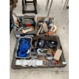 AN ASSORTMENT OF TOOLS TO INCLUDE A GRINDER, PULLEYS AND CHAINS ETC