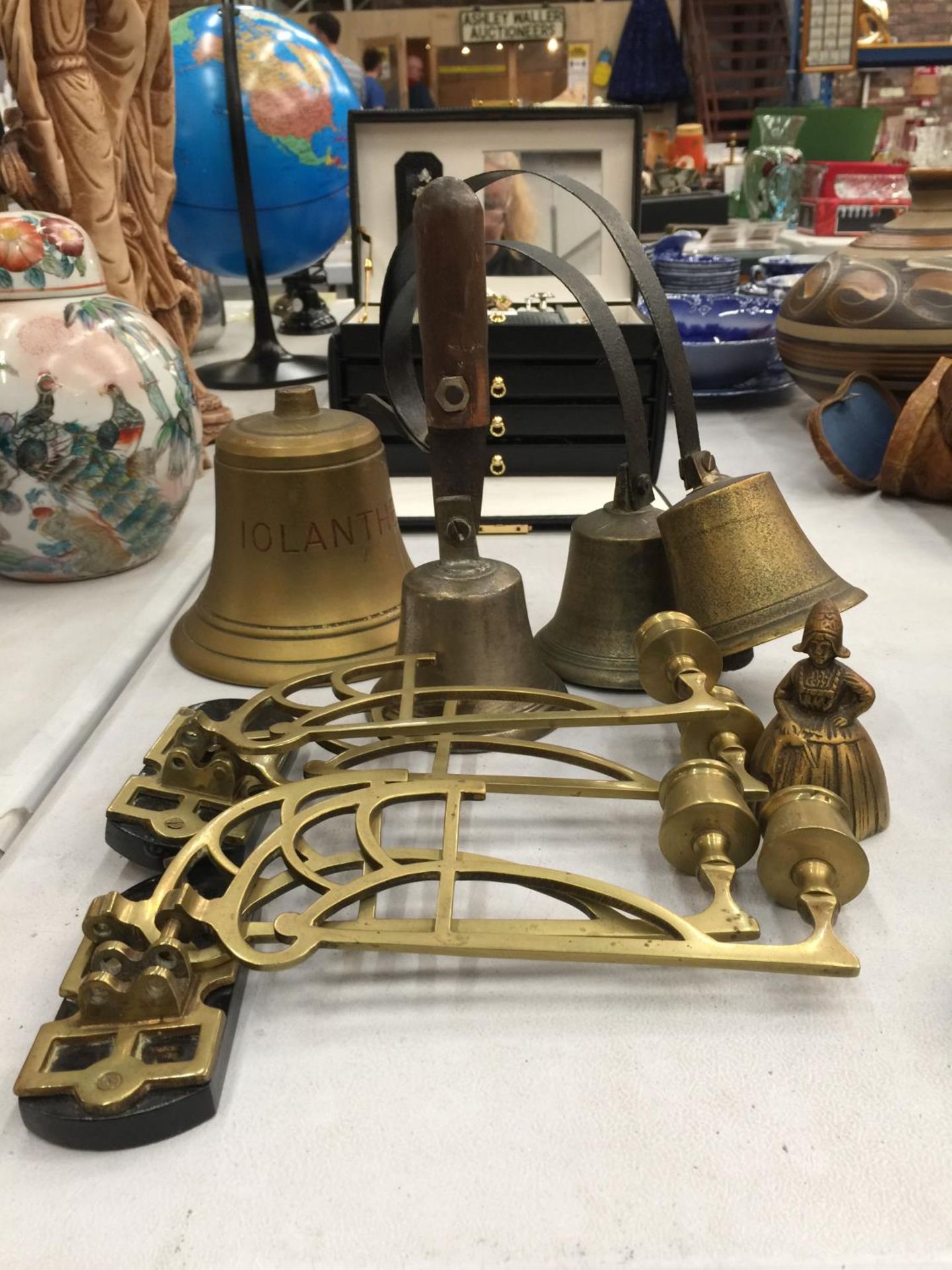 FOUR BRASS BELLS A PAIR OF WALL HANGING CANDLESTICKS, ETC - Image 2 of 3
