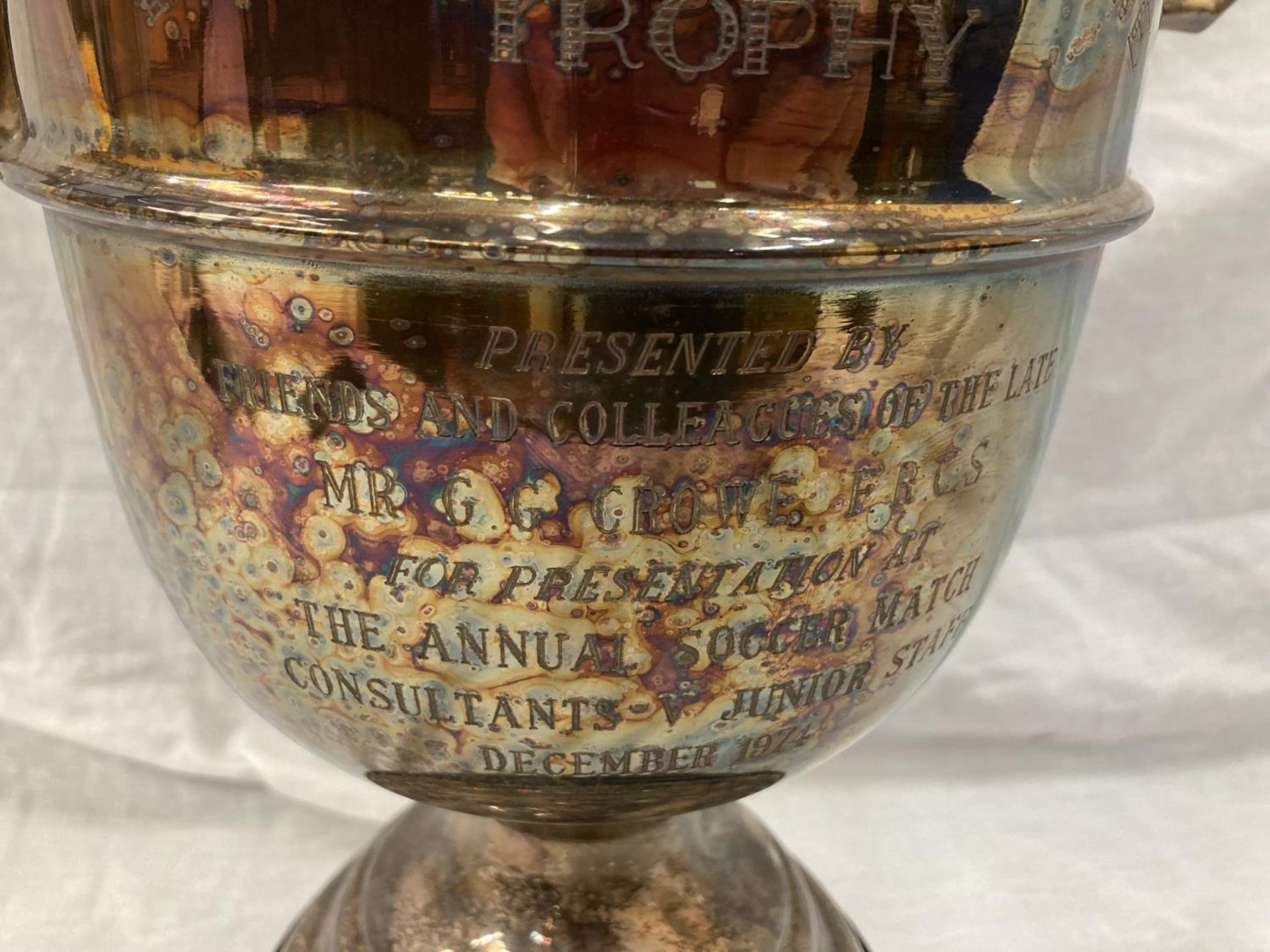 A LARGE SILVER PLATED FOOTBALL TROPHY 'THE GORDON CROWE TROPHY' PRESENTED BY NORTH STAFFORDSHIRE - Image 4 of 6