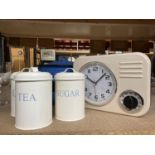A QUANTITY OF ENAMELLED KITCHEN ITEMS TO INCLUDE A WALL CLOCK/TIMER, STORAGE CANISTERS, BREAD AND