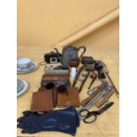 A MIXED LOT OF ITEMS TO INCLUDE PIPES, PEWTER TEAPOT, WALLETS, VINTAGE KODAK CAMERA, ETC