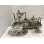 A HEAVY ENGRAVED SILVER PLATED TEASET TO INCLUDE TEA AND COFFEE POT, CREAM JUG, SUGAR BOWL, TRAY,
