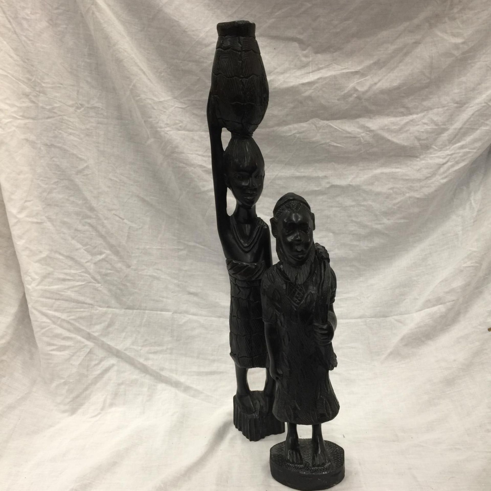 THREE CARVED WOODEN FIGURES - TWO AFRICAN HEIGHT 64CM AND 43CM AND AN ASIAN EXAMPLE HEIGHT 43CM - Image 2 of 11