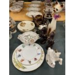 FIVE ALFRED MEAKIN 'THE HAYRIDE' PLATES, HORSE MODELS, CERAMIC CAT, TEAPOTS, ETC