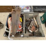 AN ASSORTMENT OF HAND TOOLS TO INCLUDE SAWS AND A PICK AXE ETC