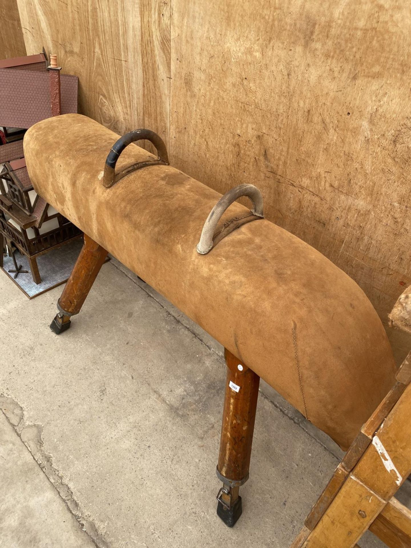 A VINTAGE POMMEL HORSE WITH HOOP BARS, ON FOUR ADJUSTABLE LEGS, 65X24" MAX WITH SUEDE TOP - Image 2 of 4