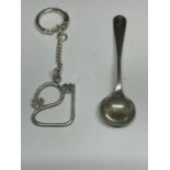 TWO HALLMARKED SILVER ITEMS TO INCLUDE A BIRMINGHAM 21 KEY RING AND A LONDON SPOON
