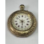 A 14CT GOLD LADIES POCKET WATCH WITH A ENAMEL DIAL AND WITH ROMAN NUMERALS OUTER ALONG WITH