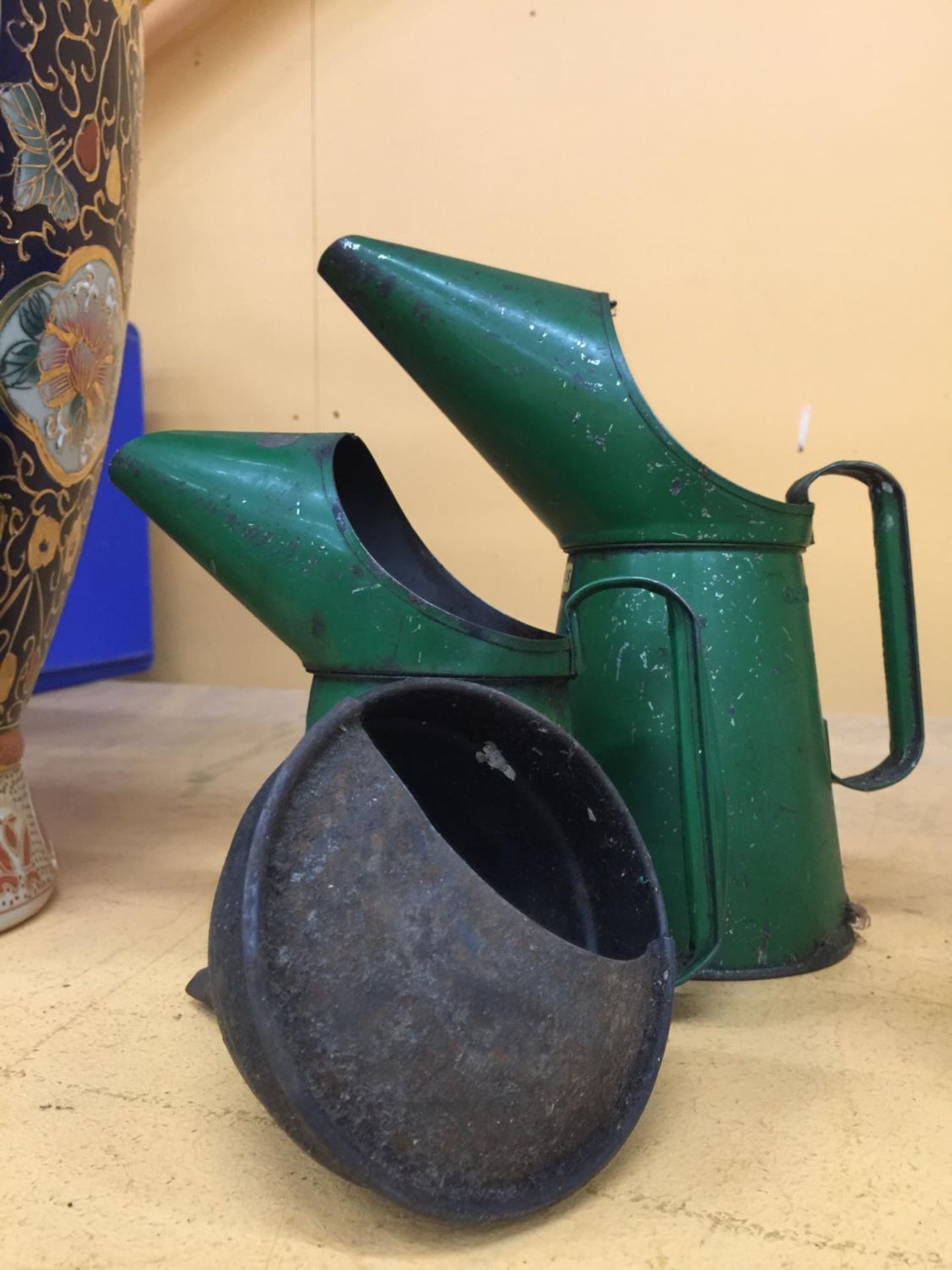 TWO VINTAGE OIL CANS AND A FUNNEL - Image 3 of 3