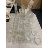 THREE CUT GLASS DECANTERS WITH COLLARS, TUMBLERS, MARTINI GLASSES, SHERRY, PORT, LICQUER GLASSES,