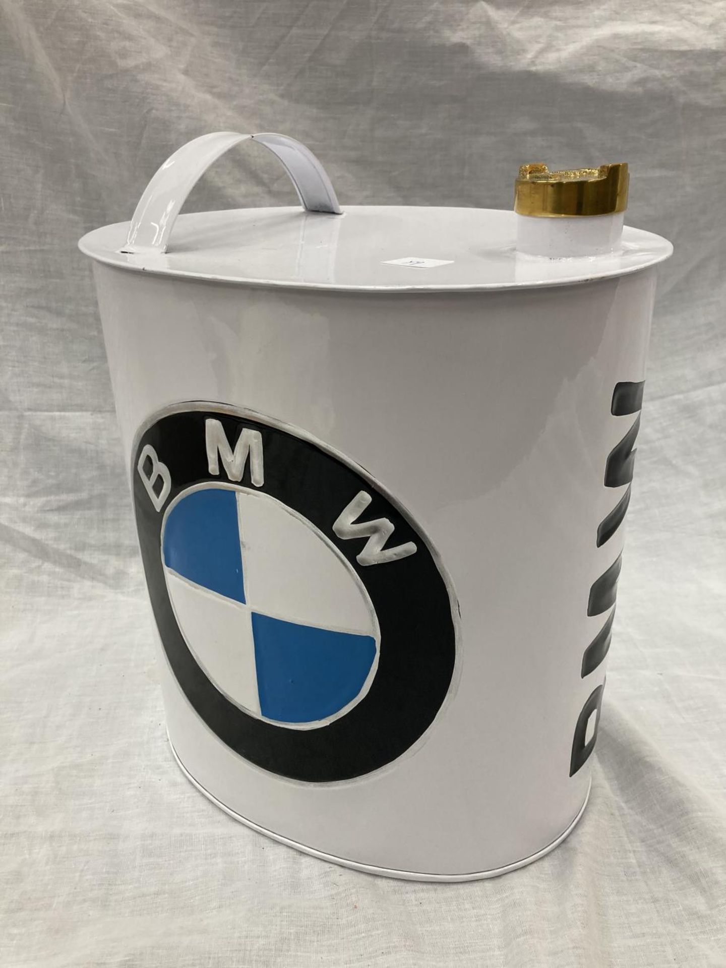 A WHITE BMW PETROL CAN HEIGHT 30CM