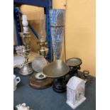 A SET OF VINTAGE SCALES WITH WEIGHTS, OIL LAMP, TABLE LAMP, BAROMETER, CLOCK, VASE, ETC
