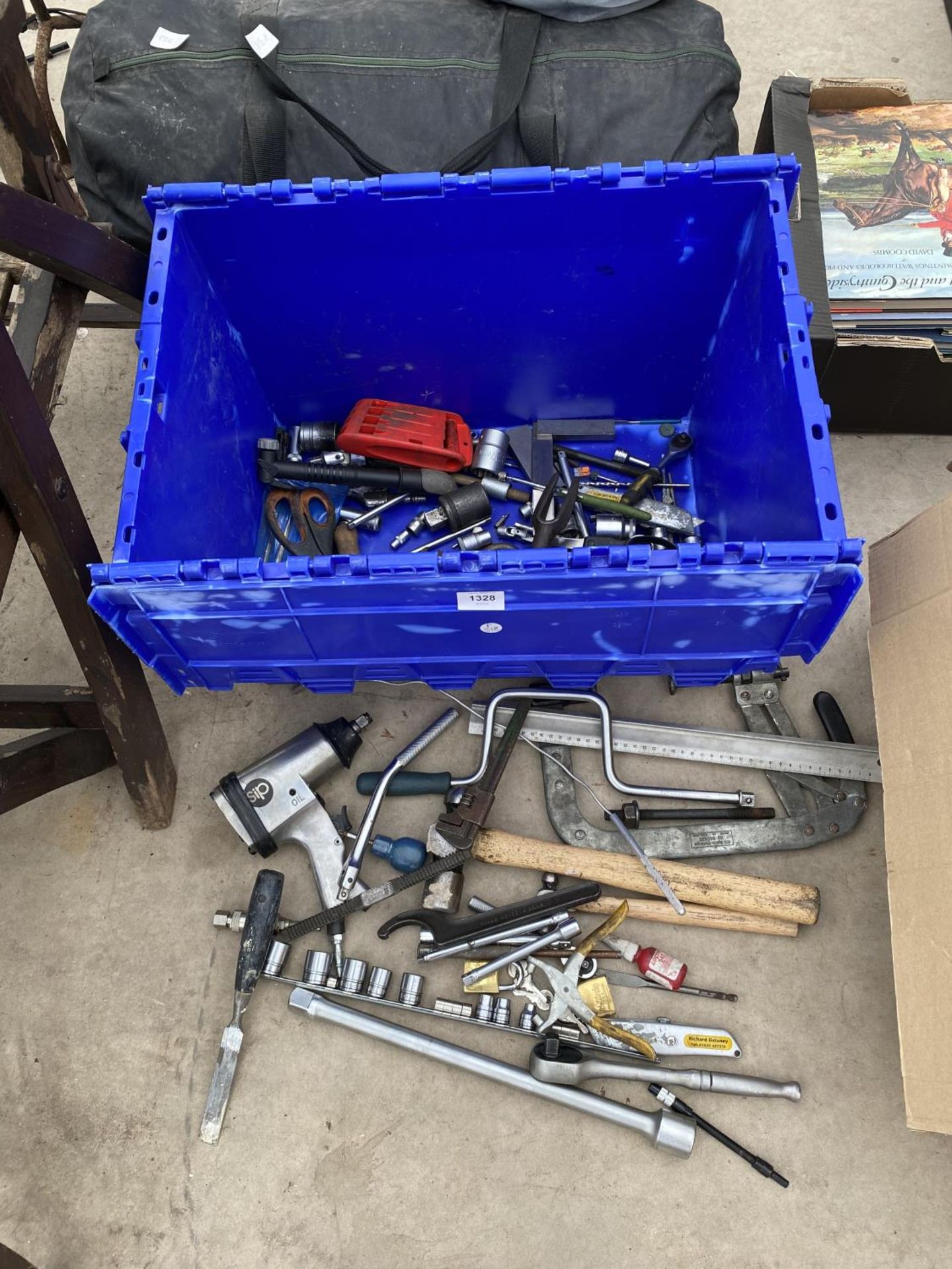 A LARGE ASSORTMENT OF TOOLS TO INCLUDE SOCKETS, A COMPRESSOR IMPACT WRENCH AND A LARGE CLAMP ETC