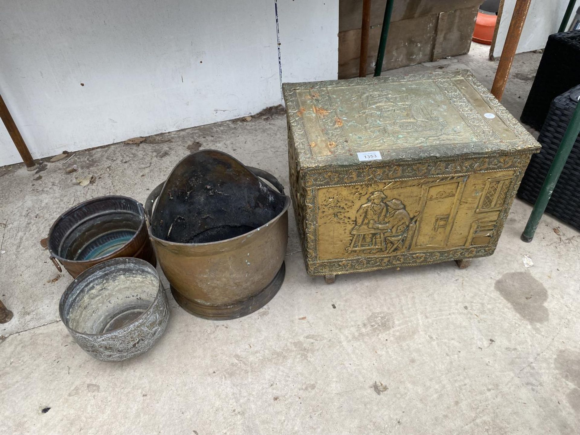 TWO BRASS PLANTERS, A BRASS COAL BUCKET AND A BRASS LOG BOX