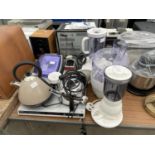 AN ASSORTMENT OF ITEMS TO INCLUDE KETTLES, A PANASONIC DVD PLAYER AND FOOD PROCESSORS ETC