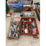 AN ASSORTMENT OF TOOLS AND HARDWARE TO INCLUDE SMALL BEARINGS AND A TYRE INFLATOR ETC