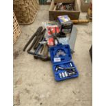 AN ASSORTMENT OF ITEMS TO INCLUDE TIN SNIPS AND SELF TAPPING SCREWS ETC