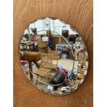 A CIRCULAR BEVELED EDGE WALL MIRROR WITH FLORAL DECORATION