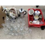 AN ASSORTMENT OF GLASS AND CERAMIC WARE TO INCLUDE TUMBLERS AND CUPS ETC