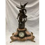 A MARBLE AND METAL MANTLE CLOCK WITH A BLACKSMITH AND FAIRY SCULPTURE TO THE TOP, HEIGHT 78CM,