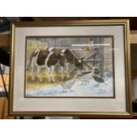 A FRAMED WATERCOLOUR PAINTING OF A FARMYARD SCENE WITH COWS, PIGS AND GEESE, SIGNED WARBY 30/01/05