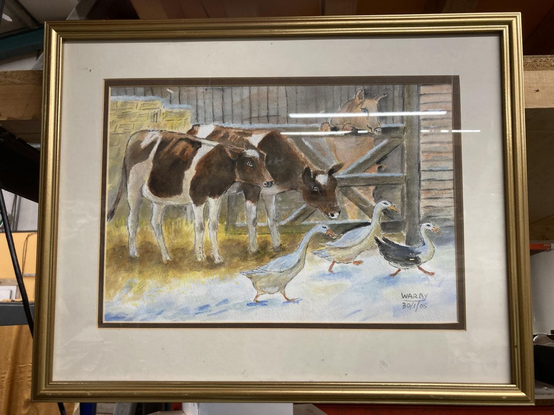 A FRAMED WATERCOLOUR PAINTING OF A FARMYARD SCENE WITH COWS, PIGS AND GEESE, SIGNED WARBY 30/01/05
