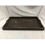 A HEAVILY CARVED MAHOGANY CIRCA 1890'S TRAY 37CM X 61CM