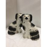 A PAIR OF STAFFORDSHIRE BLACK AND WHITE MANTLE SPANIELS HEIGHT 26CM