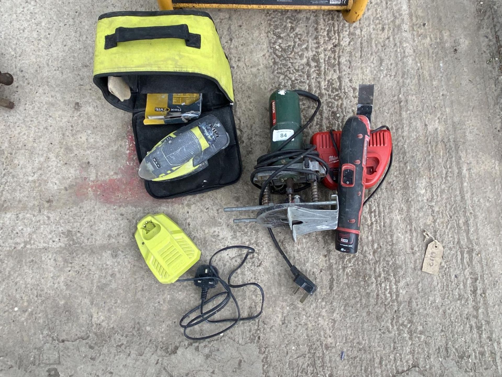 MILWAUKEE 12V MULTI PURPOSE CUTTER WITH CHARGER & A RYOBI PALM SANDER WITH CHARGER & A BOSCH