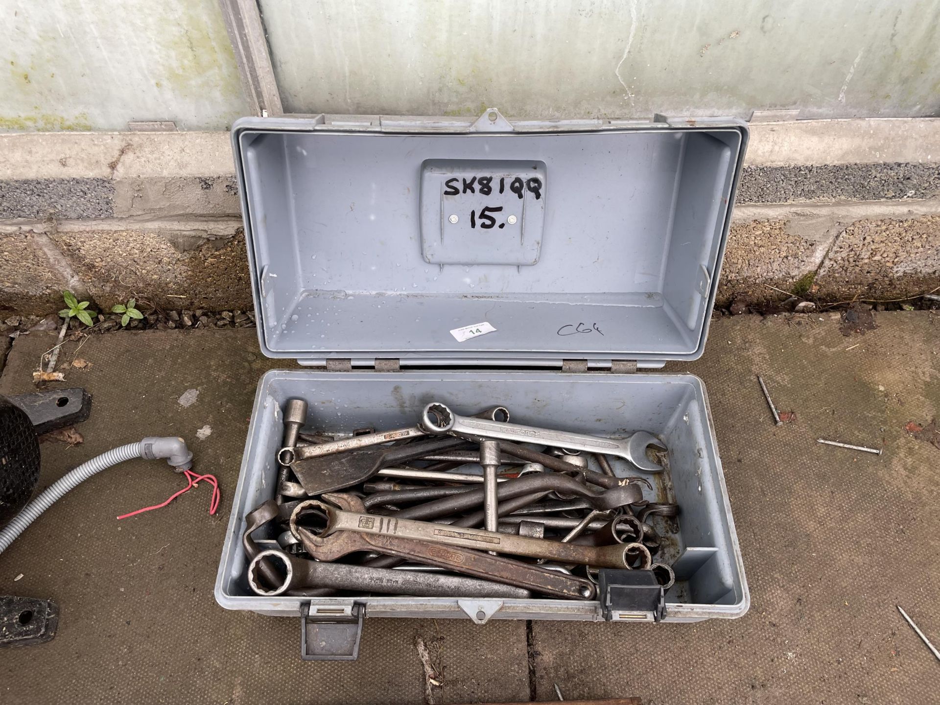 A BOX CONTAINING VARIOUS SPANNERS NO VAT