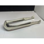 A PAIR OF CONTINETAL SILVER SUGAR TONGS WITH SHELL DESIGN