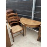 A 19TH CENTURY OAK D-END TABLE, ON TAPERED LEGS AND A LADDERBACK CARVER CHAIR