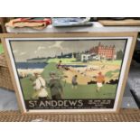 A LARGE VINTAGE STYLE PRINT OF A 1920'S SCENE ADVERTISING ST. ANDREW'S GOLF CLUB 83CM X 68CM