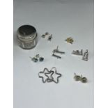 A HALLMARKED BIRMINGHAM SILVER LIDDED POT AND SEVEN PAIRS OF EARRINGS