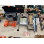 A QUANTITY OF ITEMS TO INCLUDE A TOOLS BOX, SHOVELS, TWO ELECTRIC HEDGECUTTERS, AXE, POWA POST CUBES