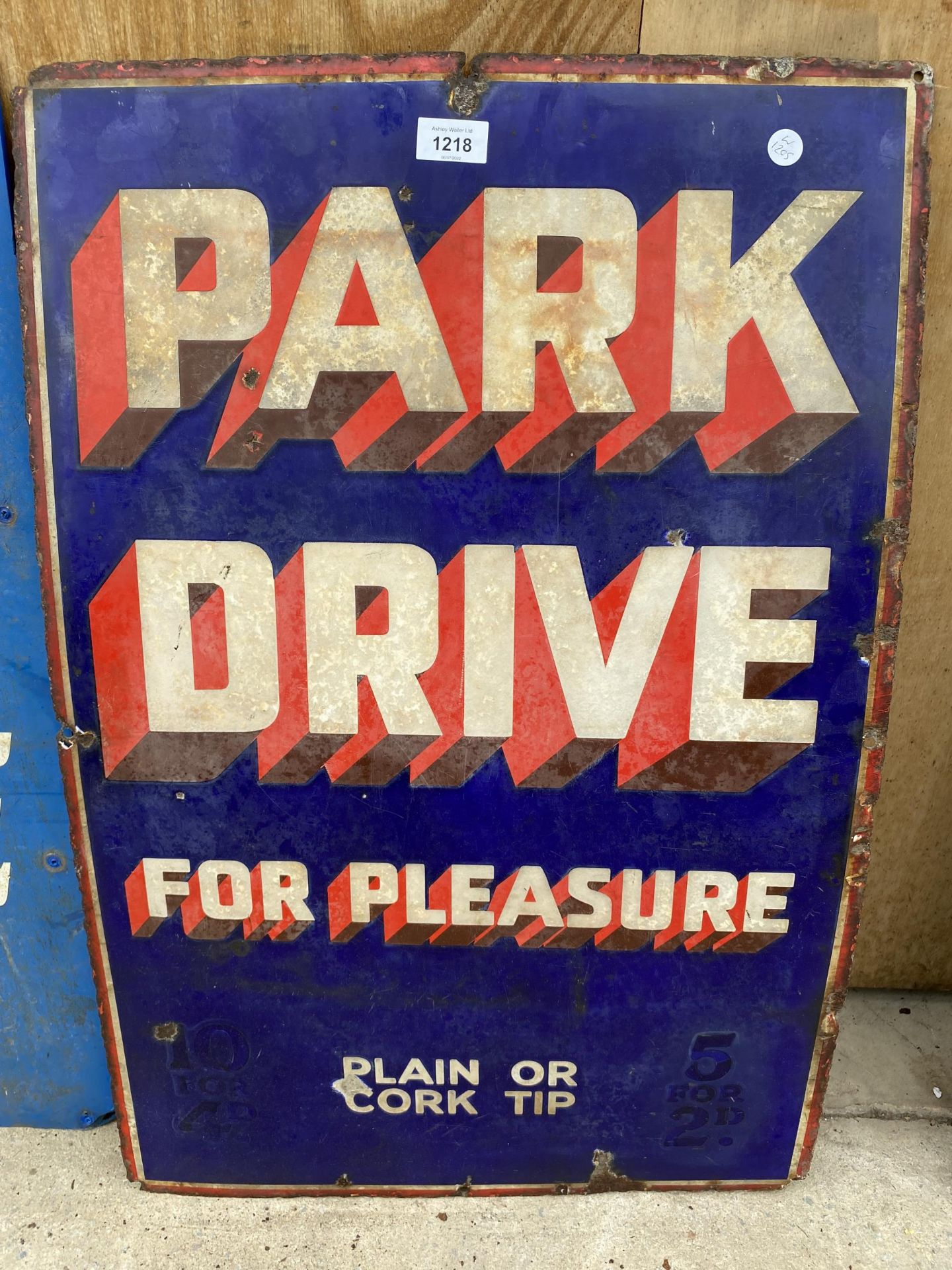 A BELIEVED ORIGINAL ENAMEL 'PARK DRIVE' SIGN (H:77CM W:51CM)