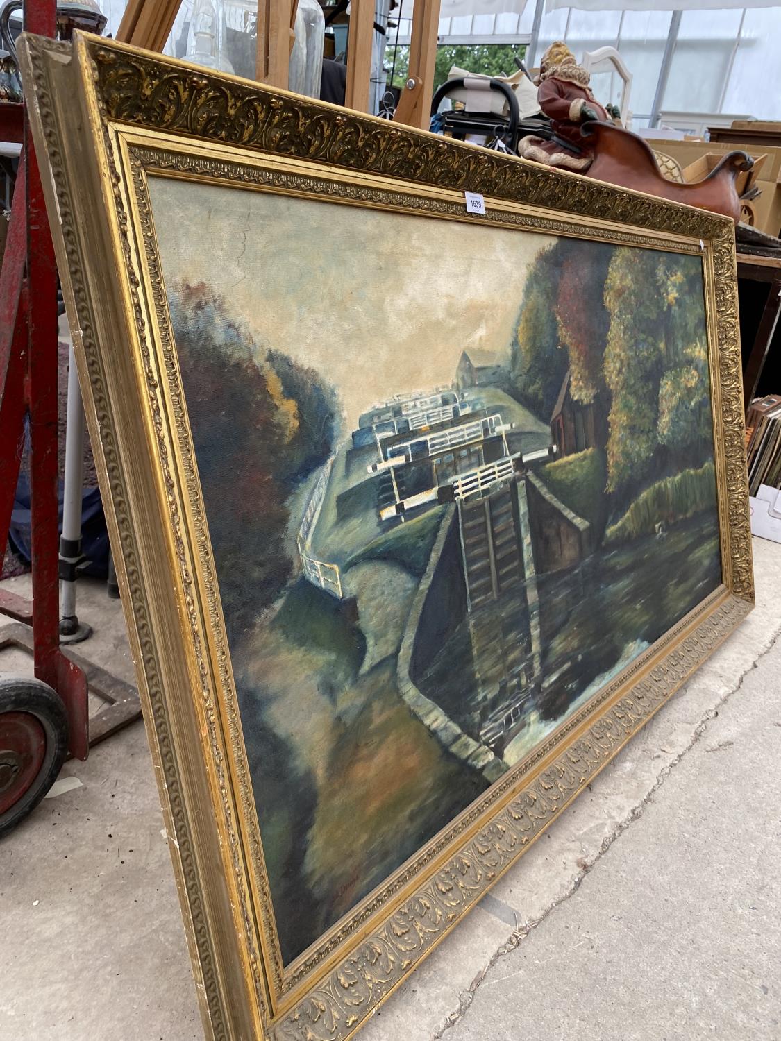 A LARGE GILT FRAMED OIL ON CANVAS OF CANAL LOCK SYSTEM - Image 2 of 3