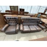 A MODERN BROWN FAUX LEATHER BUTTON-BACK THREE SEATER SETTEE AND MATCHING RECLINER