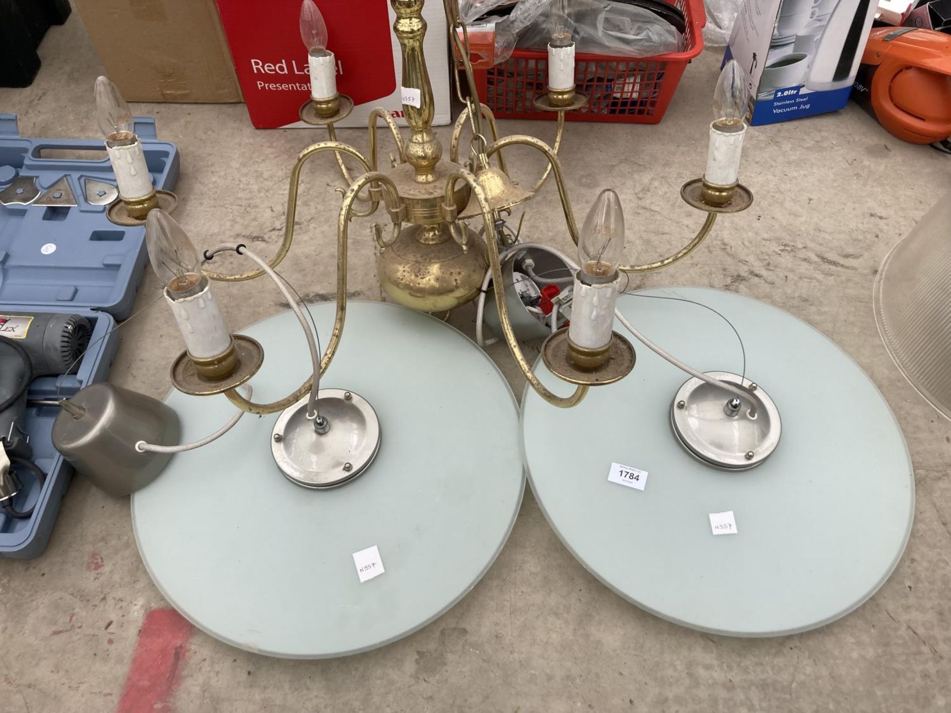 A BRASS SIX BRANCH CEILING LAMP AND TWO GLASS EXAMPLES