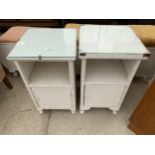A PAIR OF LLOYD LOOM BEDSIDE LOCKERS WITH GLASS TOPS