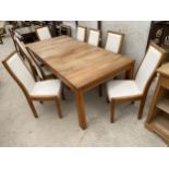 AN ERCOL EXTENDING DINING TABLE, 80X37" (TWO LEAVES 19" EACH) AND SIX CHAIRS