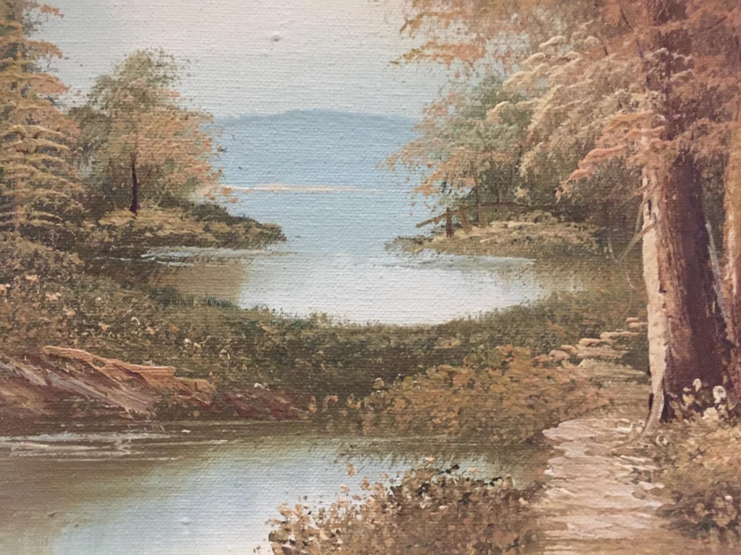 A GILT FRAMED OIL ON CANVAS OF A LAKE SCENE SET IN FORESTRY SIGNED DARBY W: 39CM - Image 2 of 4
