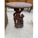 A RESIN OCCASIONAL TABLE, 16.5" DIAMETER WITH COLUMN DEPICTING CHERUB AND DOG